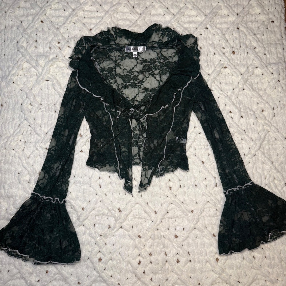 Madden Girl Green Lace Tie Front Cardigan Bell Sleeve Whimsygoth Coquette Top XS